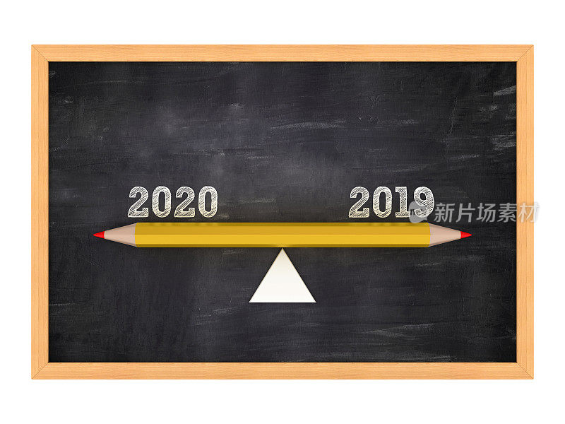 跷跷板上的2020 2019年的黑板框架- 3D渲染